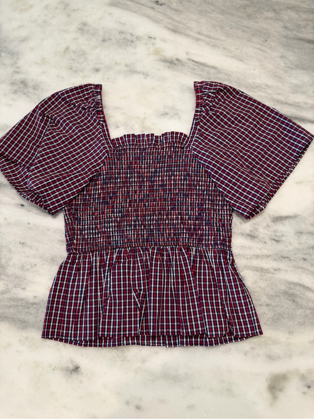 Draper James Burgundy Plaid Smocked Square-Neck Top